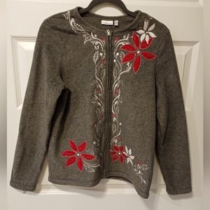 Croft& Barrow women's size small short zip jacket Red poinsettia's on gray.
